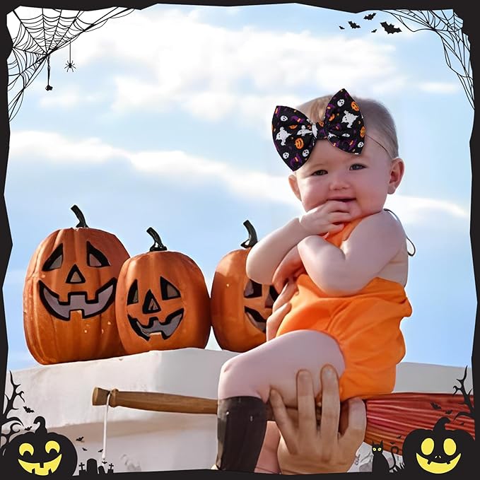 Halloween Baby Knot Ghost Hair Accessories - Headband with Nylon Elastic Bows in Purple and Orange