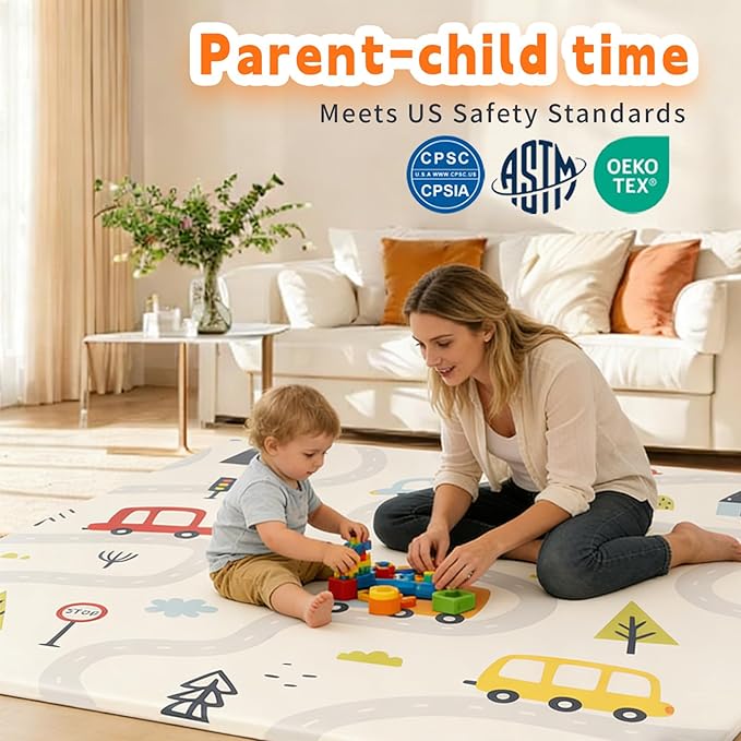1.3" Thick Baby Play Mat for Floor，50x50 PU Leather Playpen Mat for Toddlers Infant Kids,Ultra Soft Support Cushioned & Waterproof Playmat for Baby,Non-Slip Backing Safe for Crawling/Car Pattern