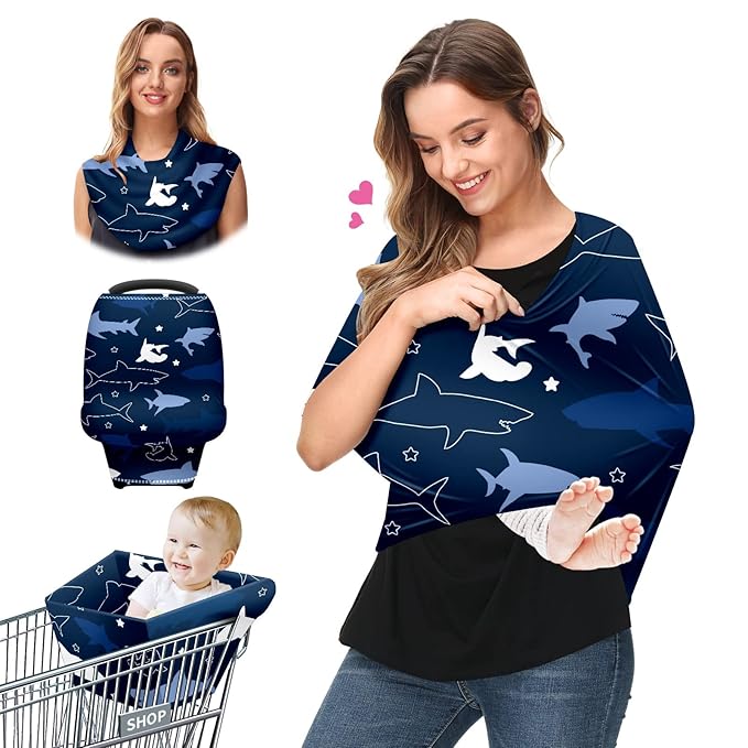 Baby Car Seat Stroller Covers Sharks Nursing Cover Breastfeeding Scarf Soft Breathable Stretchy Infant Car Canopy Coverage Carseat Cover for Boys and Girls Multi Use