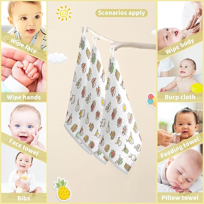 vvfelixl Asian Food Icons Baby Burp Cloths Baby Muslin Washcloths for Boys Girls Cotton Babys Face Towel for Newborn Soft 11.8 X 11.8 in, 5 Pack