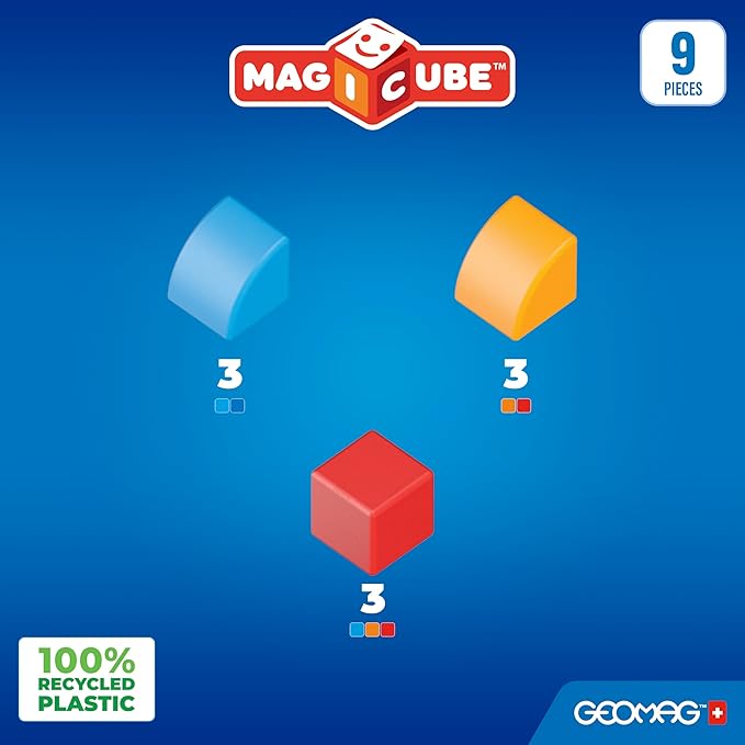 Geomag Magicube 9pcs Magnetic Blocks - Magnetic Building Blocks for Toddlers 1-3, Montessori Toys for 1+ Year Old, Autism Sensory Product, Magnets for Kids