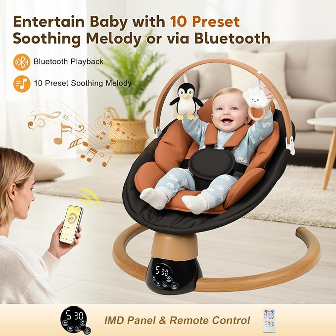 Baby Swings for Infants | Electric Portable Baby Swing with Bluetooth, 5 Swing Speed, 3 Timer Settings, 10 Lullabies, 5-Point Harness & Remote Control | Newborn Swing for Indoor & Outdoor (Black)