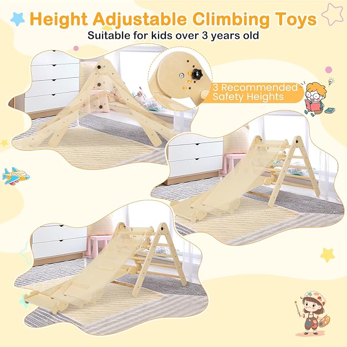 HONEY JOY Climbing Toys for Toddlers, 4 in 1 Foldable Wooden Montessori Kids Triangle Climber, Double Side Ramp & Climber, Baby Learning Indoor Climbing Ladder Gym for Boys Girls (Natural)