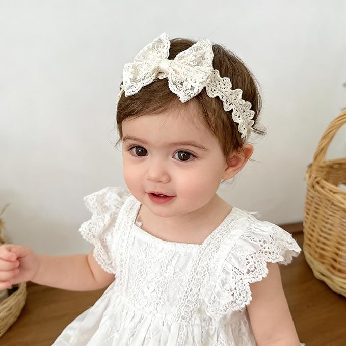 Handmade Baby Girl Headbands in Beige Baby Bows and Floral Lace Headband Bows for Newborns and Toddlers Cute Baby Girl Bows and Newborn Headband Bows