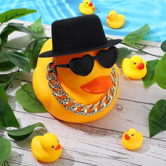 Honoson 6.89 Inches Large Rubber Duck Funny Giant Rubber Duck with Hat and Sunglasses Big Squeaky Duckling Car Ornaments Duckling for Dashboard Decorations Bath Toy(Yellow)