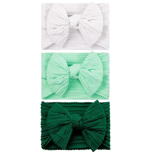 baotongle 3pcs Baby Girls Headbands Soft Stretchy Nylon Hair Bands Hair Accessories with Bows for Newborn Baby Girls Infant Toddlers Kids(White,Light Green,Green, 5.7inches)