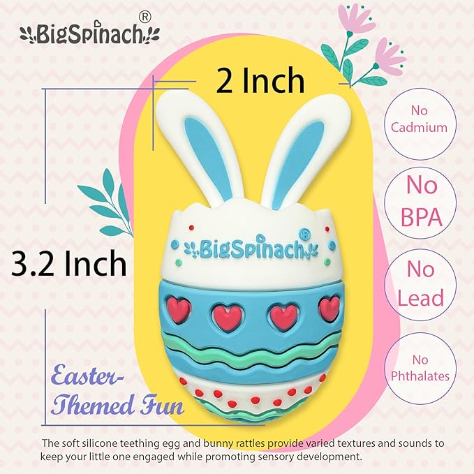 BIGSPINACH Easter Egg Baby Teether,Baby Teething Toy for Pain Relief,Silicone Bunny Rabbit Teether,Easter Gift for Babies,Sensory Toy for Boys & Girl (Baby Blue)