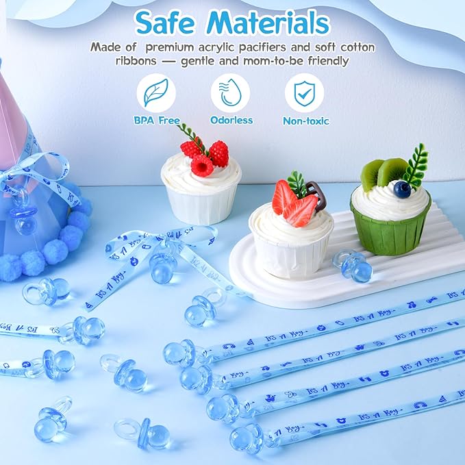 ZYFLSQ 36 Pieces Baby Shower Pacifiers Necklace, Cute Acrylic Pacifier Necklaces for Baby Shower Games Boy Charm, Party Favors, Decorations DIY, Gender Reveal Table Scatter(Blue)
