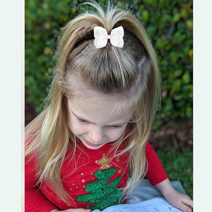 6 PCS 3" Grosgrain Ribbon Hair Bows - Alligator Clips for Toddlers in Solid Color (White)