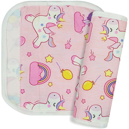 2Pcs Baby Car Seat Neck Cover for Kids, Children Seat Belt Cushion Cute Cartoon Pattern, Comfortable Soft Belt Pads Cover Neck Support Travelling (Pink Unicorn)