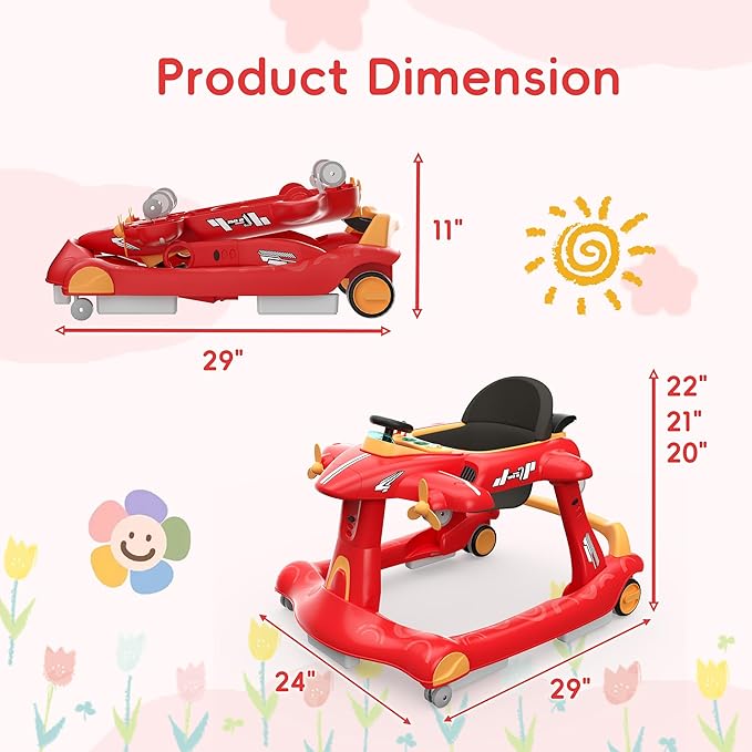 Betterhood 6-in-1 Foldable Baby Walker with Adjustable Height & Speed, Airplane-Themed Activity Push Walker with Music & Lights, Wheels, Anti-Slip Design, Suitable for Boys & Girls Aged 6-18 Months