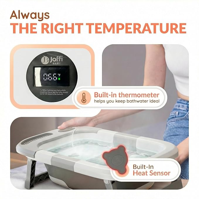 Collapsible Baby Bathtub for Newborn Infant Girl & Boy 0-24 Months, Foldable Portable Bathtub with Thermometer, Heat Sensor, Drain Plug, Water Scoop, Dino Cushion Pillow, Travel Bath Tub for Shower