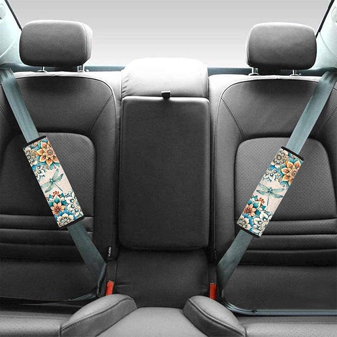 UNICEU Bohemian Floral Dragonfly 2 Piece Car Seat Belt Pads for Women Kids, Neoprene Soft Auto Seatbelt Shoulder Covers Vehicle Accessories, Universal