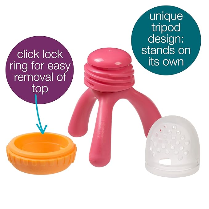 b.box Silicone Fresh Food Feeder | Ages 4 Months+ | Tripod Design Easy for Baby to Hold | Perfect for Fresh or Frozen Foods | Cap Included for On the Go | Dishwasher Safe (Strawberry Shake)
