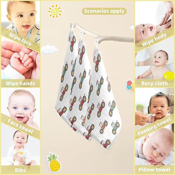 vvfelixl Baby Muslin Washcloths Cute Retro Tractor Baby Burp Cloths Cotton Babys Face Towel for Newborn Infants Boys Girls Soft and Absorbent 11.8 X 11.8 in, 3 Pack