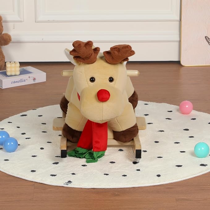Reindeer Baby Rocking Horse for Toddlers 1 Years to 3 Years, Stuffed Plush Ride-on Rocking Animal with Realistic Sound and Music, Wooden Rocking Horse with Seat, Apricot Reindeer, CPC Certified