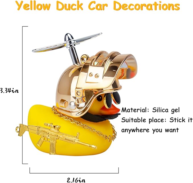 wonuu Rubber Duck Car Ornaments Cool Yellow Duck Car Dashboard Decorations Squeaky Glasses Duck with Propeller Helmet for Car ccessories Dashboard (Y-Gold)