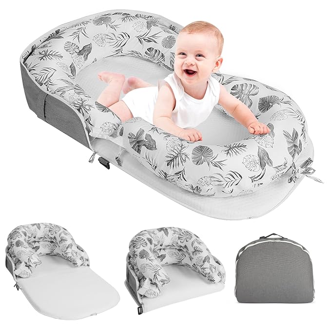 Portable Baby Lounger & Tummy Time with Zip-Up Carry Bag, Infant Support Cushion for Newborns to Toddlers (Leaf)