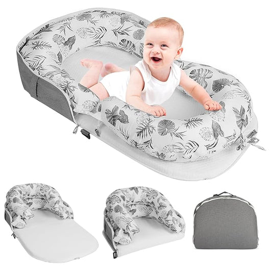Portable Baby Lounger & Tummy Time with Zip-Up Carry Bag, Infant Support Cushion for Newborns to Toddlers (Leaf)