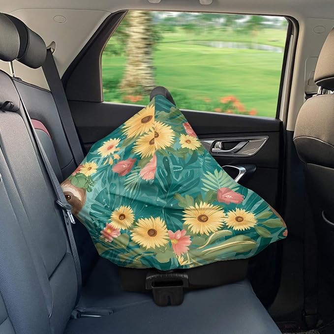 Wanyint Sloth Floral Print Car Seat Covers Canopy Covers for Boys Girls,Breathable Car Seat Covers Canopy-Breathable Soft Nursing Cover for Breastfeeding