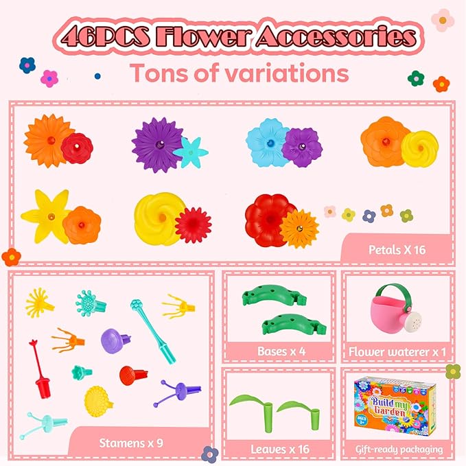 FUNZBO Girl Flower Garden Building Toys Set - Birthday Gifts for Age 2 3 4 5 6 Years Old Girls, STEM Montessori Educational Toy for Toddler Kids, Sorting & Stacking Spring Gardening Set