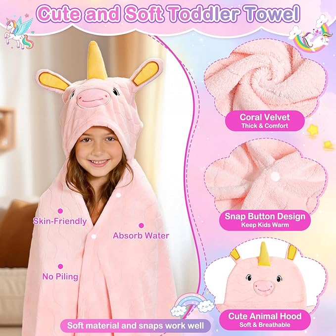 Flasoo 4 Pcs Toddler Towels Set, 1 Thick Toddler Bath Towel & 3 Washcloths, Large 55" x 27.5" Hooded Toddler Bath Towel, Hooded Towels Kids, Soft Toddler Towels with Hood 0-5 Years for Kid (Unicorn)