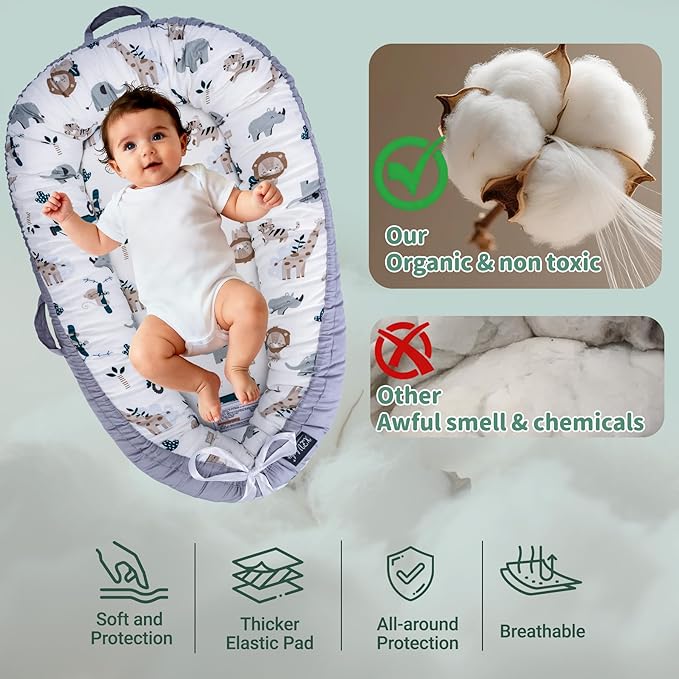 Infant Support Cushions | Baby Lounger | Organic Cotton Infant Lounger | Reversible, Adjustable & Portable Floor Lounger | Supervised Use | Soft, Breathable, Washable Cover(Animal)