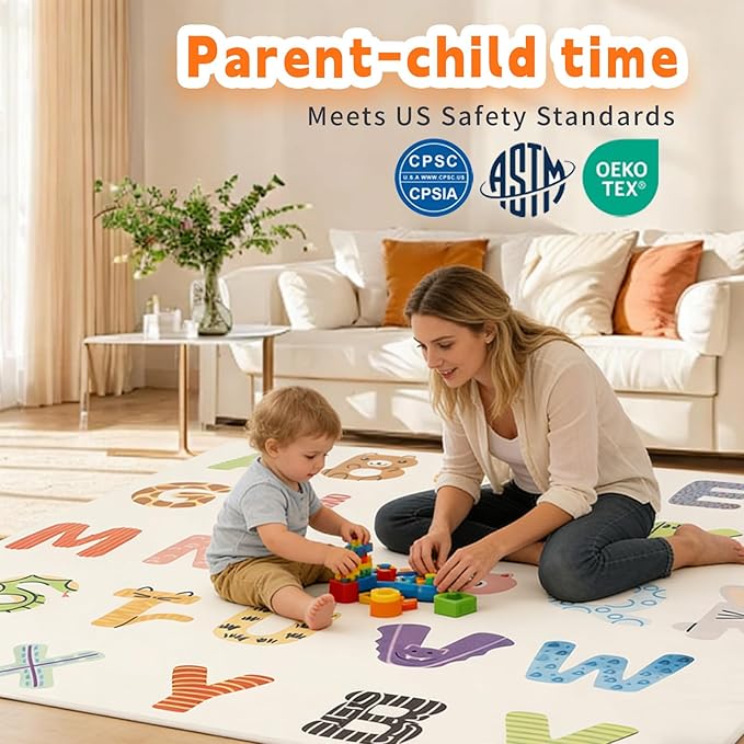 1.3" Thick Baby Play Mat for Floor，50x50 PU Leather Playpen Mat for Toddlers Infant Kids,Ultra Soft Support Cushioned & Waterproof Playmat for Baby,Non-Slip Backing Safe for Crawling/Alphabet Pattern