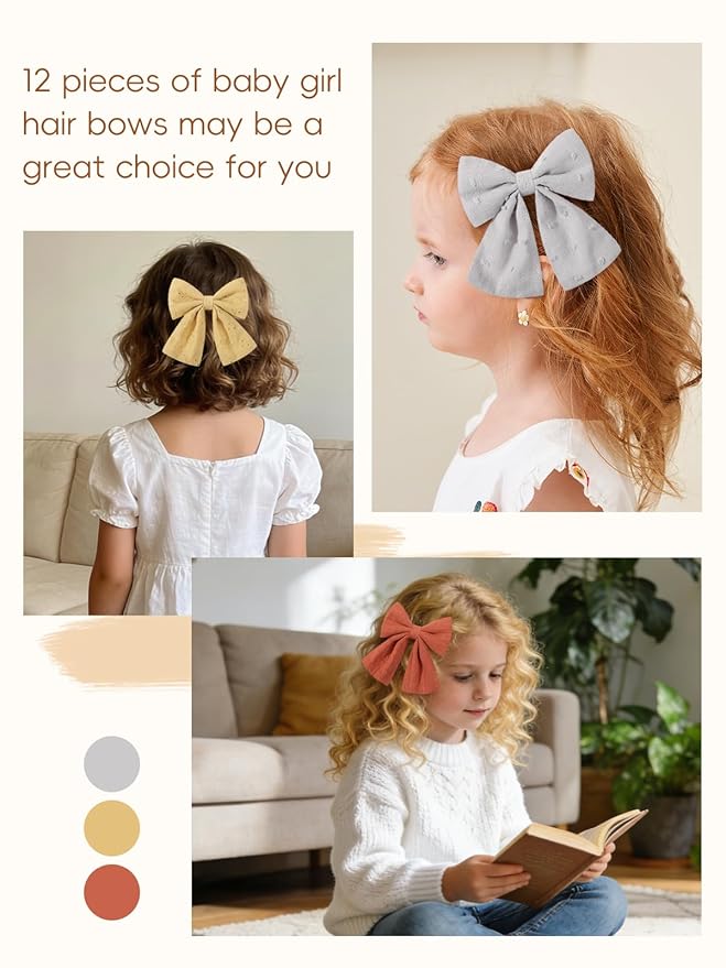 12PCS Baby Girls Hair Clips Fable Hair Bows Cotton Linen Bows for Girls Hair Accessories for Baby Toddlers Kids Light Color