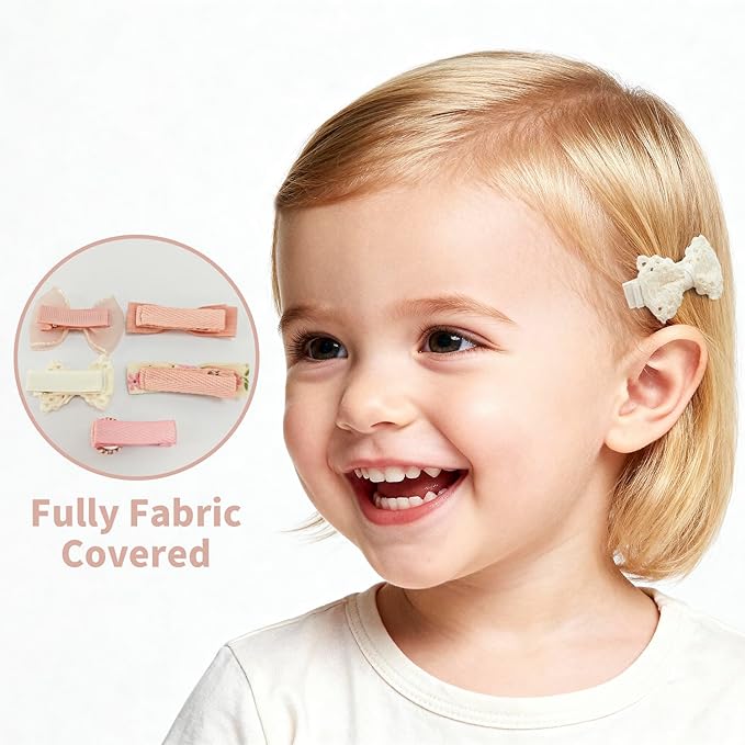 Baby Hair Clips Set – Soft Pink & White Bow Hair Clips for Toddlers, All Fabric Wrapped No-Slip Duckbill Clips (5-Pack Gentle Girl Hair Accessories)