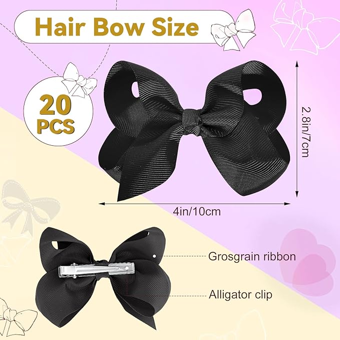 20Pcs 4" Hair Bows,Grosgrain Ribbon Solid Color Hair Bow with Alligator Clips,Hand-made Toddler Black Bows Hair Accessories for Girls Kids Children Little Teen (Black)
