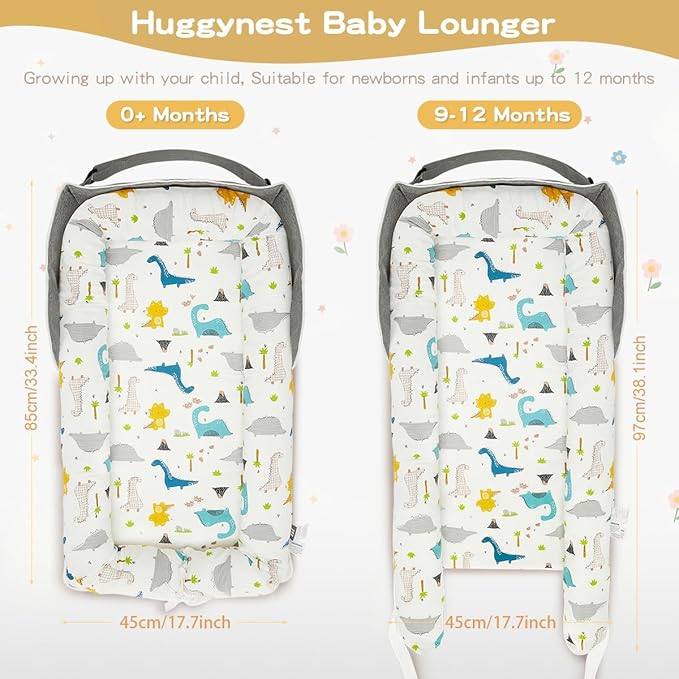 Baby Lounger for Newborn Infant - Ultra Soft Breathable Baby Nest with Ergonomic Womb-Like Design, Adjustable Bumper, Portable Travel Baby Bassinet for Sleep & Rest - Blue Dinosaur
