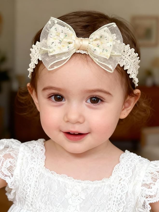 Handmade Baby Girl Headbands in Beige Baby Bows and Floral Lace Headband Bows for Newborns and Toddlers Cute Baby Girl Bows and Newborn Headband Bows