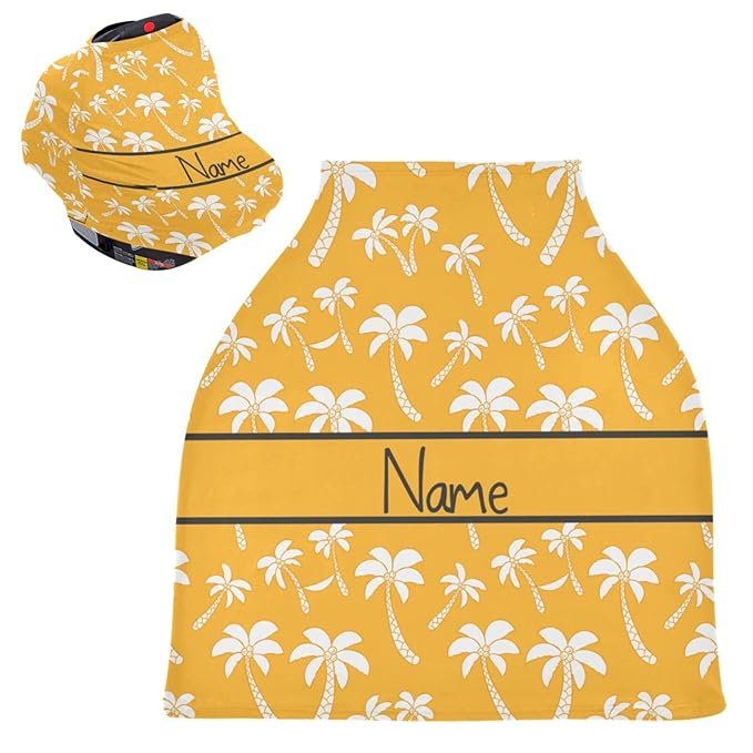 Personalized Baby Name Car Seat Cover for Boys Girls Newborn, Custom Baby Carseat Canopy, Multiuse Nursing Covers, Infant Summer Stroller Cover, Breastfeeding Scarf, Coconut Tree