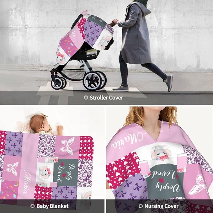 Personalized Baby Car Seat Canopy for Babies with Name, Custom Car Seat Covers for Girl, Infant Opening Minky Nursing Breastfeeding Stroller Cover Carseat Canopies for Newborn (Elephant and Butterfly)