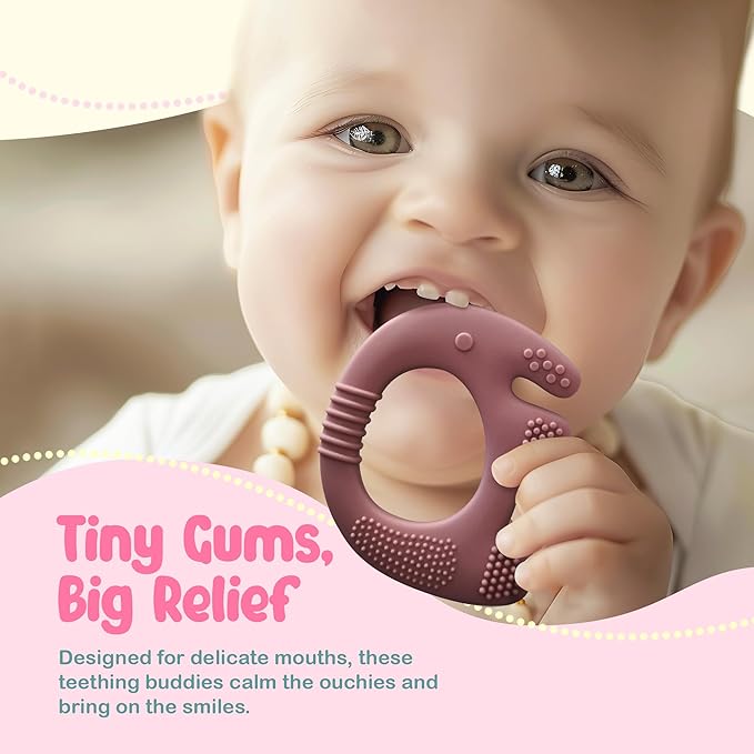 Silicone Baby Teething Toys, Soft Teether Set for Sore Gums, BPA Free Chew Toys for Infants 3+ Months, Textured Teething Relief, Easy Grip Design (Rose Pink)