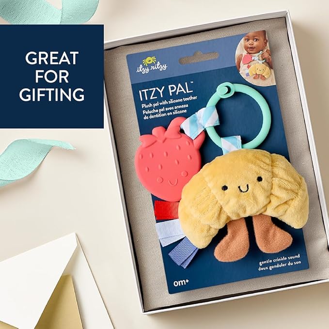 Itzy Ritzy Infant Toy & Teether - Itzy Pal Baby Teething Toy Includes Lovey, Crinkle Sound, Textured Ribbons & Silicone Teether for Newborn (Croissant)
