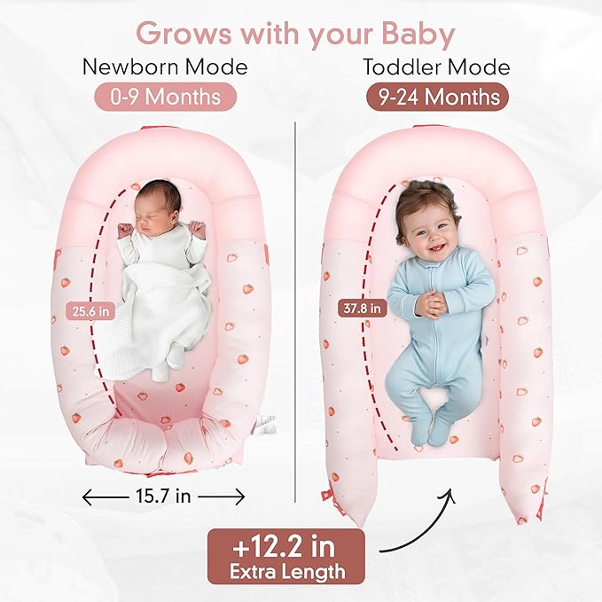 JollyBoo® Deluxe Infant Lounger Pillow - Baby Lounger 0-24 Months | Bamboo-Cotton Portable Baby Nest with Foldable Sunshade & 2 Plush Toys | Soft, Breathable Mesh for Cool, Safe Rest (Strawberry)
