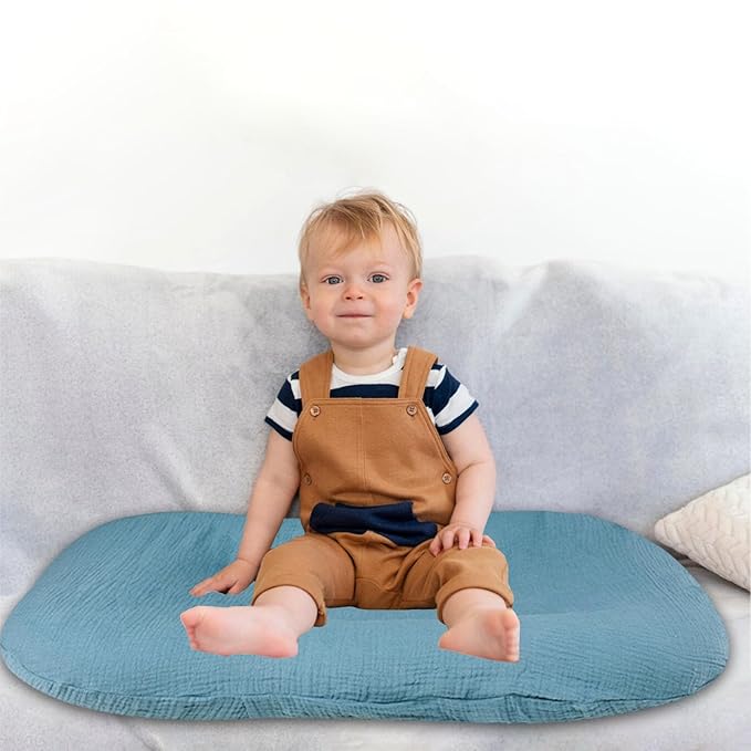 Hooyax Muslin Lounger Cover, Organic Cotton Removable Slipcover for Toddler & Infant, Padded Floor Seat Cover for Boys & Girls, Large Size 37 x 21 Inch, Blue