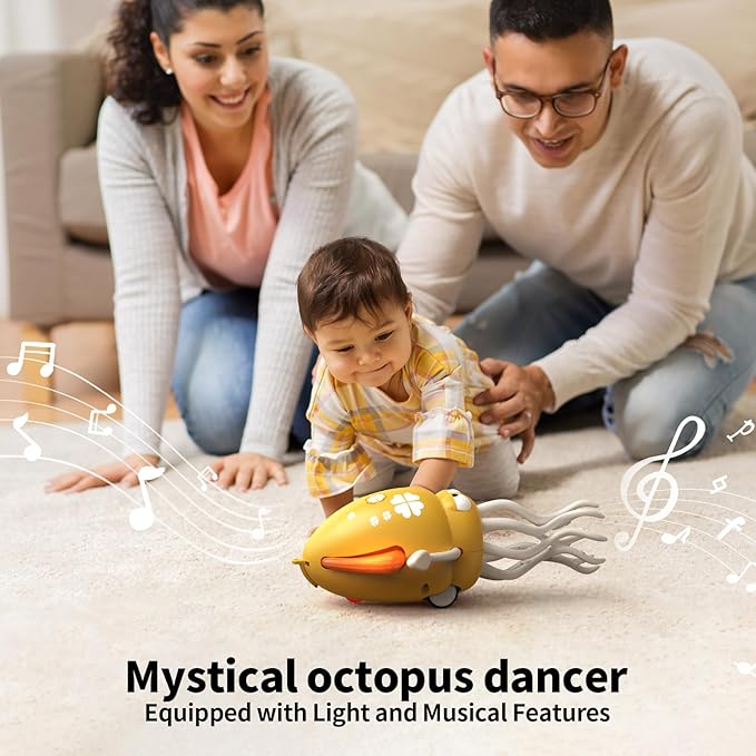 Electric Dancing Octopus Toy with Led Light and Music, Kids Electric Crawling Octopus Tummy Time Toys, Rechargeable Interactive Sensory Toy, for Christmas Birthday Gift(Yellow)