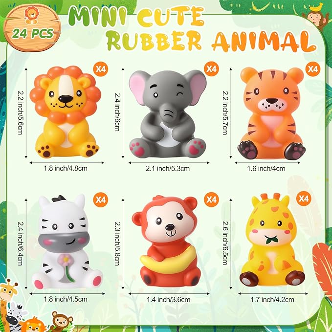 Blueweenly 24 Pcs Rubber Jungle Safari Animal Bulk Zoo Animal Figures Toys Wild Jungle Birthday Party Favors Zebra Elephant Monkey Lion Giraffe Bath Toys for Kids Birthday Baby Shower Classroom Prize