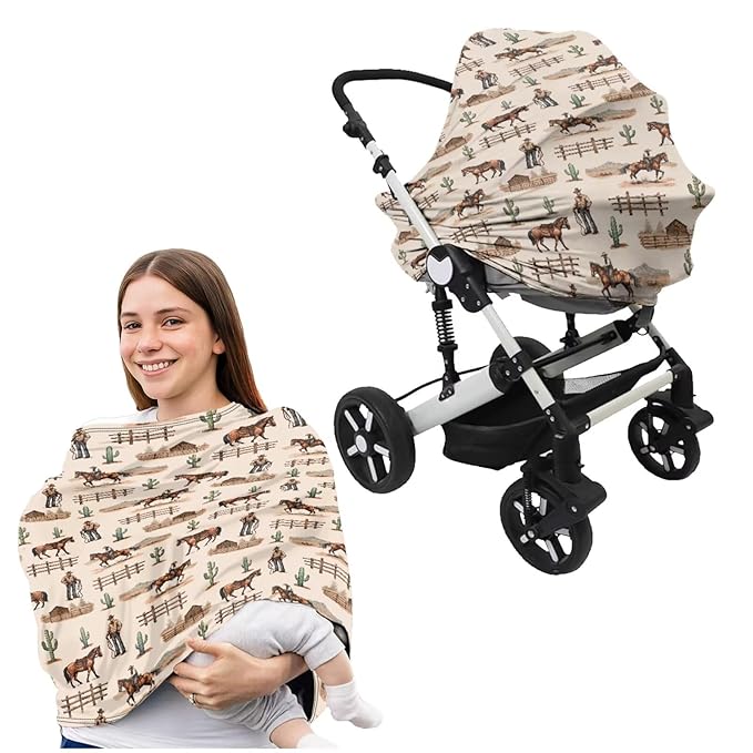 All-in-1 Cactus Horse Car Seat Cover with Nursing Pllow Case for Baby, Soft Stretchy Infant Car Seat Cover U Shaped Pillowcase Covers Set of 2