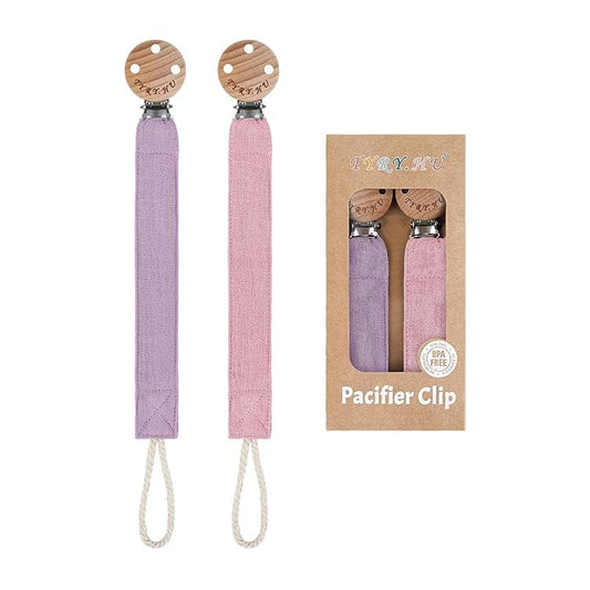 TYRY.HU Ribbon Baby Pacifier Clip Holder, Binky Paci Holder Clips, Pacifier Leash, Soft Webbing Strap, Universal Binky Leash, 2 Pack, Rose, Purple