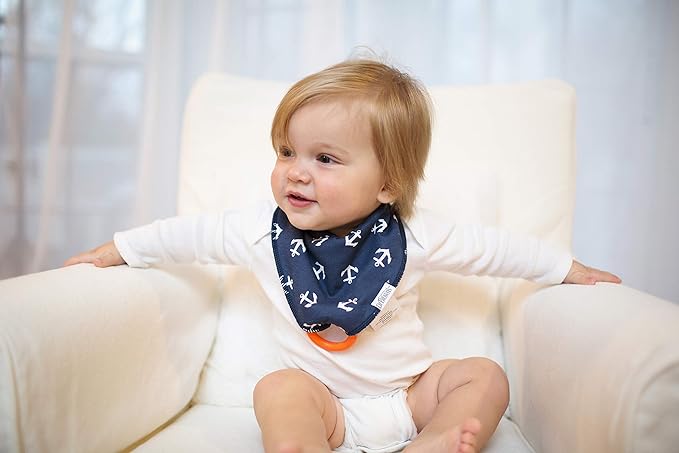Dr. Brown's Super Soft & Absorbent Baby Bandana Bib with Snap-On Teether, 3m+, 2-Pack, Navy Whales & Anchors