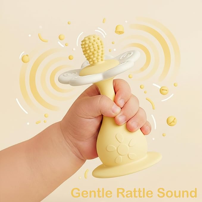 Baby Flower Teether Rattle Toy, Sensory Toy for Baby 0-24 Months, Teething Relief Chewing Toy for Infant, BPA Free Food Grade Silicone Teether (Yellow)