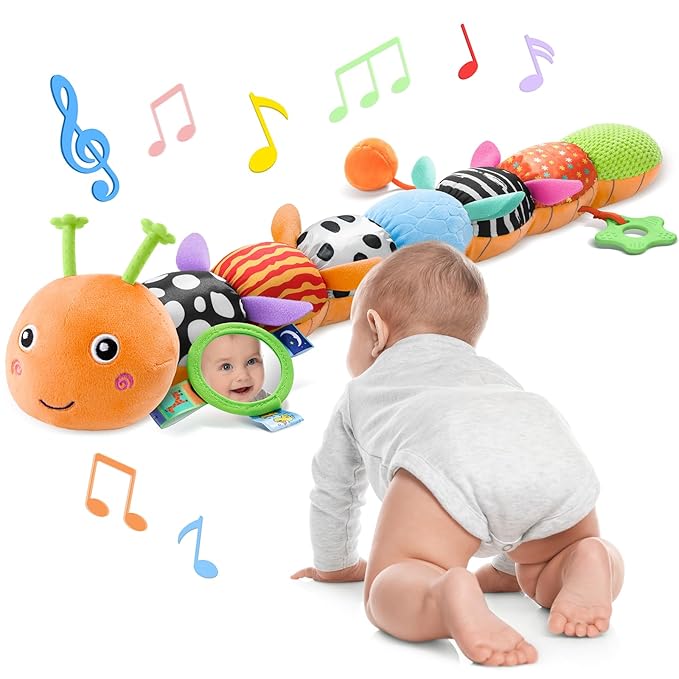 Baby Toys Musical Caterpillar Interactive Multicolored Infant Toy Crinkle Rattle Soft with Ring Bell Stuffed Cuddly Baby Toy with Ruler Design Educational Toddler Plush Toy for Preschool