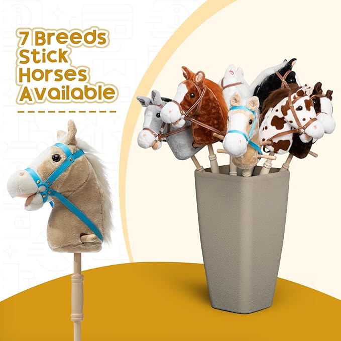 HollyHOME Stick Horse Plush Handcrafted Hobby Horse on a Stick with Wood Wheels Real Pony Neighing and Galloping Sounds for Kids Toddlers Beige 36 Inches(AA Batteries Required)