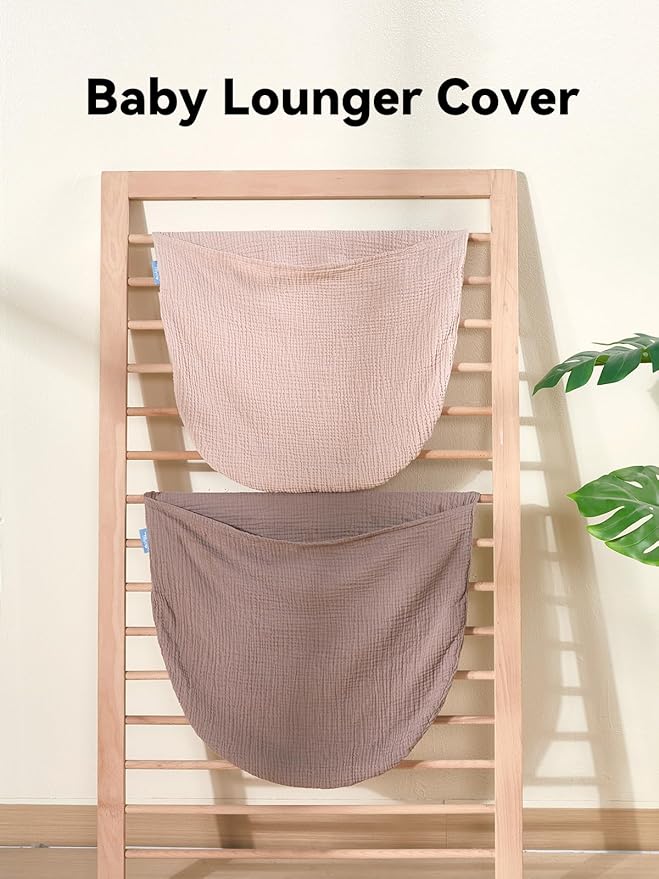 TILLYOU Muslin Baby Lounger Cover, 100% Cotton Newborn Lounger Cover, 2 Pack Baby Nest Slipcover for Boys Girls, Cover Only, Grey Brown and Light Brown