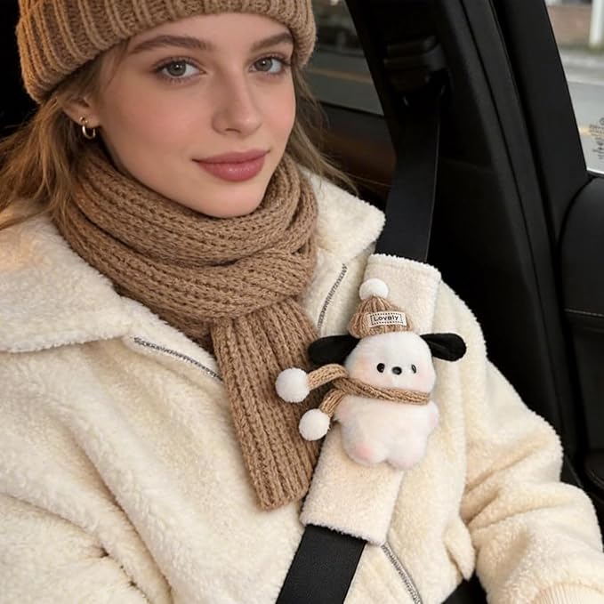 2 PCS Seat Belt Cover Pad, Cute Kawaii Animal Dog Seatbelt Covers for Kids and Adults, Winter Plush Fluffy Soft Seat Belt Cover, Cartoon Seatbelt Cushion,Car Seat Strap Pads (G-Dog(Khaki))