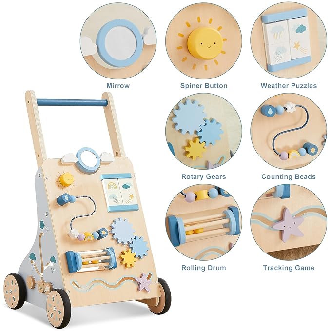 Beright Wooden Baby Walker, Wooden Baby Push Walker, Learning Activity Toys, Baby Push Toy Multiple Activities Center, Gift for Birthday, Christmas and New Year